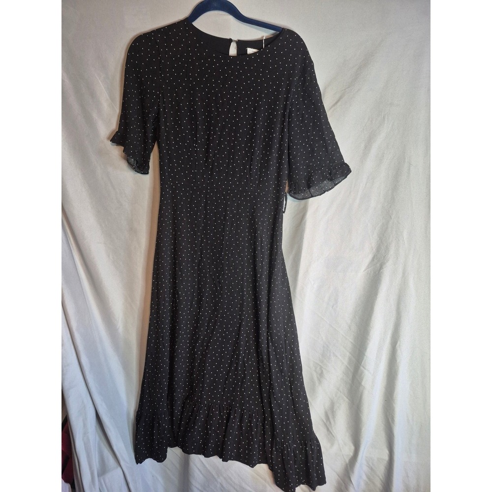 Mittoshop Black Polka Dot Midi Dress - Ruffle Hem, Short Sleeve. Missing belt.